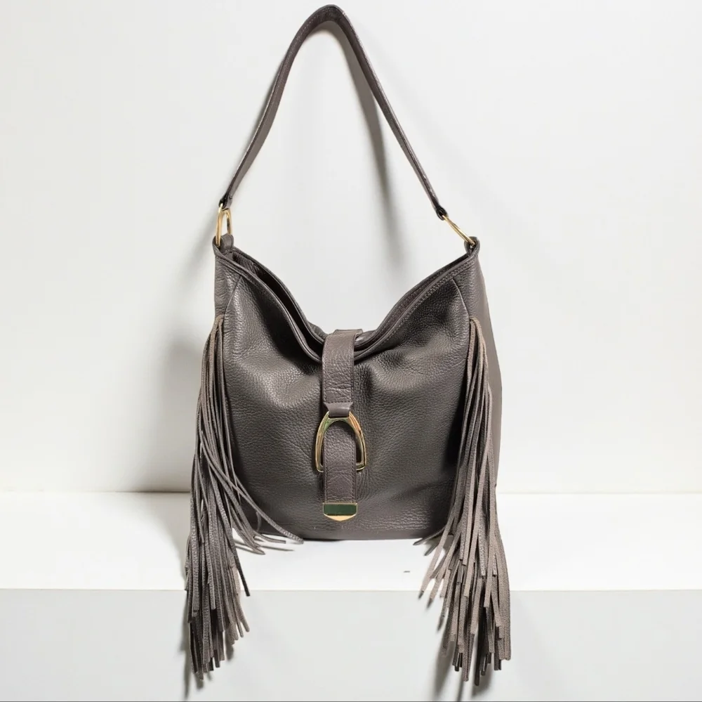 G.I.L.I. Gray Leather Hobo Bag Side Fringe Boho Western Festival Shoulder Bag